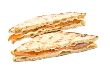healthy smoked salmon sandwich on white background