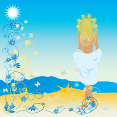 Obraz na płótnie Canvas Beautiful woman on beach, floral frame