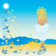 Poster Mooie vrouw op het strand, bloemenframe © Kudryashka