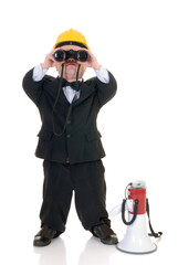 Little man, dwarf construction supervisor with megaphone 