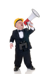 Little man, dwarf construction supervisor with megaphone, 