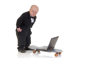 Little man, dwarf businessman high speed surfing 