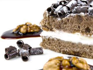 Cake of chocolate, cream and nuts.