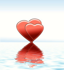 rising love, hearts reflected in the water, illustration,