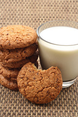 glass of milk and stack of chocolate chip cookies