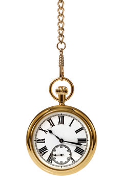 Gold pocket watch and chain, isolated on a white background.