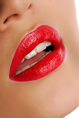 Woman lips with Red bright lipstick.