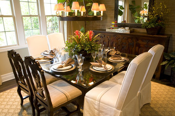 Dining room and table with modern decor.