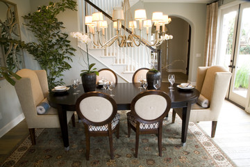 Dining room and table with modern decor.