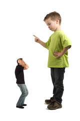 Caricature of a large son pointing his finger at the small dad. 