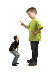Caricature of a large son pointing his finger at the small dad. 