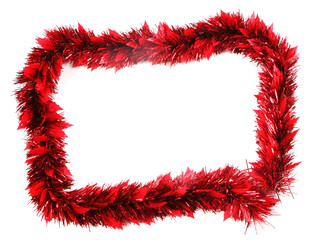 Red tinsel Christmas frame with a white background.