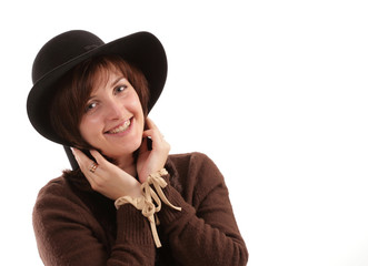  Portrait of the beautiful girl in a hat. Isolated.