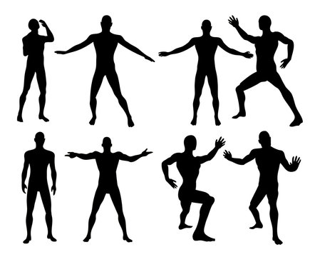 An illustration of eight black and white men shapes