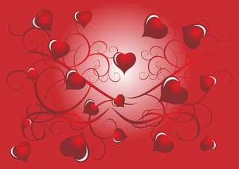 Abstract vintage valentine heart tree over red background