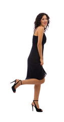young beautiful woman with a black dress on white background