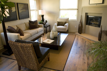 Living room with a fireplace and stylish decor.