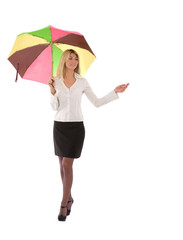 young beautiful businesswoman with an umbrella on white