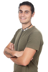 attractive casual boy whit t tattoo in the arm