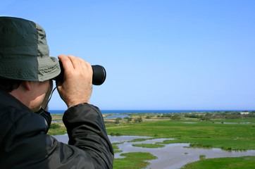 Man observing wildlife (Aiguamolls Emporda, Spain)