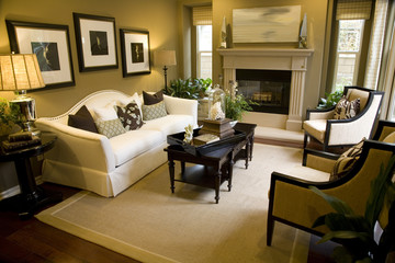 Spacious living room with a fireplace.