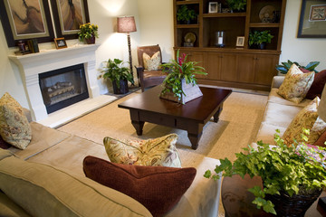 Spacious living room with a fireplace.