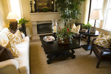 Cozy living room and fireplace.