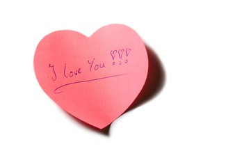 post-it heart with handwritten I love you isolated on white