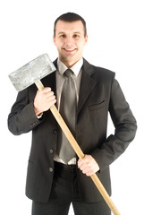 Businessman with hammer on the white background