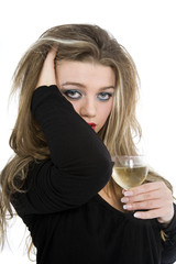 Beautiful girl with beaker on white background