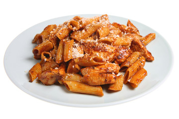 Penne pasta with chicken in a tomato sauce 