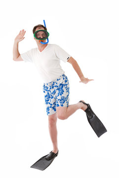 Man with swimming mask, snorkel and fins