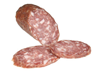 Hard salami and two slices isolated on white background