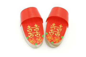 Pair of hand painted red Double Happiness clogs 