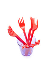 object on white - kitchen utensil - plastic cup with fork