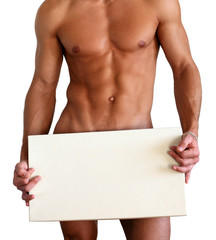 Naked muscular man covering with a box isolated on white