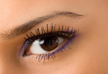 female wide open brown eye with long eyelashes macro