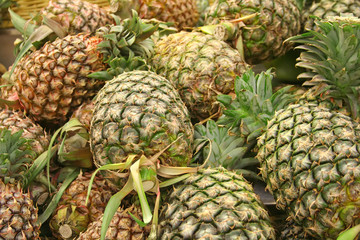 A lot of pineapples on a tray in a market.