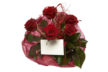 Beautiful bouquet of dark red roses on white