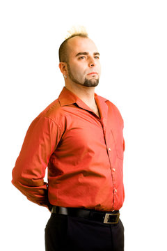 Young man with alternative hairstyle in red shirt.