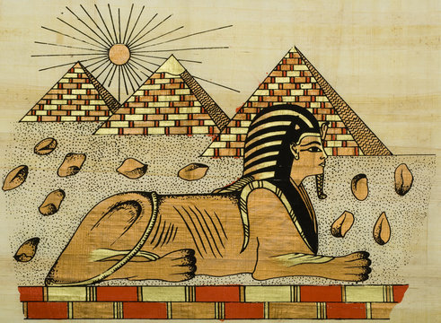 egyptian papyrus with scene of the sphinx
