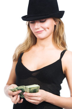 The girl and money. A series of photos