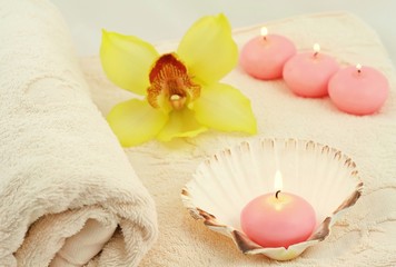 Spa composition with yellow orchid and sea shell
