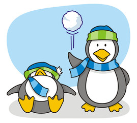 Vector cartoon of little penguins with snow