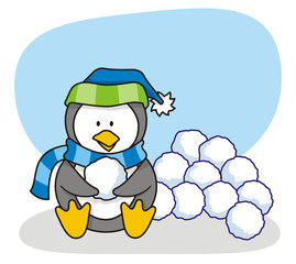 Vector cartoon of little penguin with snow