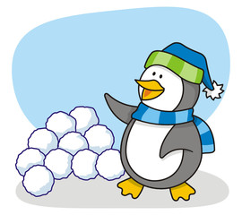Vector cartoon of little penguin with snow