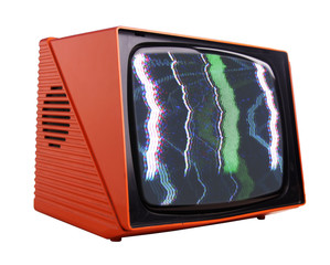 angled view of retro orange television with static image