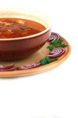 close up of a beef soup plate and onions