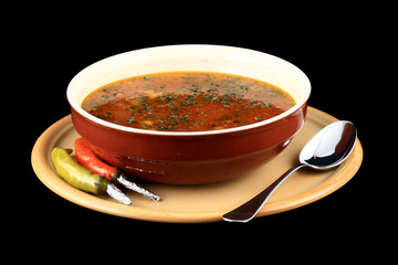close up of a beef soup plate and onions