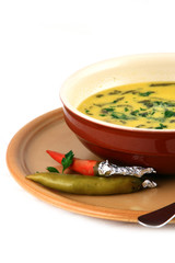 close up of a beef soup plate and two peppers